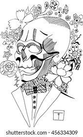  Hand drawn black and white vector sketch with ink skull with the bow tie. Coloring book page illustration. Print for T-shirt or tatoo.