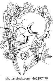 Hand drawn black and white vector sketch with ink skull with the bow tie. Coloring book page illustration. Print for T-shirt or tatoo.