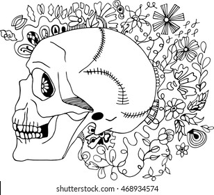 Hand drawn black and white vector sketch with ink skull with the bow tie. Coloring page illustration. Print for T-shirt or tattoo.