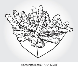  Hand drawn black and white vector illustration of Wavy Fries in a paper box.