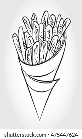  Hand drawn black and white vector illustration of French Fries in a cone of paper.