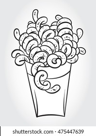  Hand drawn black and white vector illustration of Curly Fries in paper box.