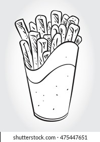 Hand drawn black and white vector illustration of Thick Cut Fries in a paper box.