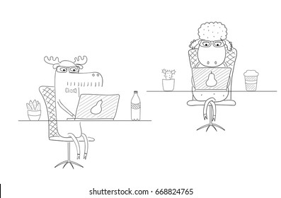 Hand drawn black and white vector illustration of a funny sheep and moose as office workers, at the desk with a laptop. Line drawing. Isolated objects on white background. Design concept for work.
