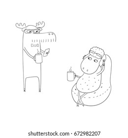 Hand drawn black and white vector illustration of a funny sheep and moose as office workers, having a coffee break. Line drawing. Isolated objects on white background. Design concept for work.