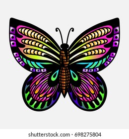 hand drawn black and white vector illustration of ornate stylized butterfly, isolated design object
