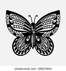 hand drawn black and white vector illustration of ornate stylized butterfly, isolated design object
