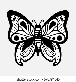 hand drawn black and white vector illustration of ornate stylized butterfly, isolated design object