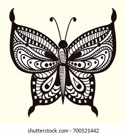 hand drawn black and white vector illustration of ornate stylized butterfly, isolated design object