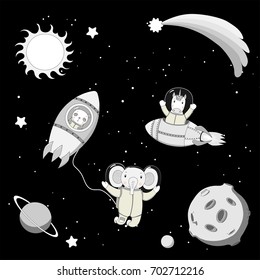 Hand drawn black and white vector illustration of a cute funny unicorn and panda astronauts in rockets and elephant on a spacewalk, on a background with planets. Isolated objects. Design concept kids.