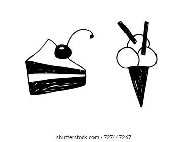 Hand drawn black and white vector illustrations of sweets. Peace of cake and ice-cream signs in doodle style