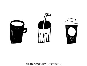 Hand drawn black and white vector illustrations of beverages. Cup of tea, paper glass of coffee, cocktail. Signs in doodle style. Icons set