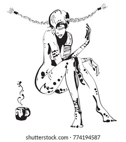 Hand drawn black and white vector sketch of a mystic tattooed young woman taking a rest.