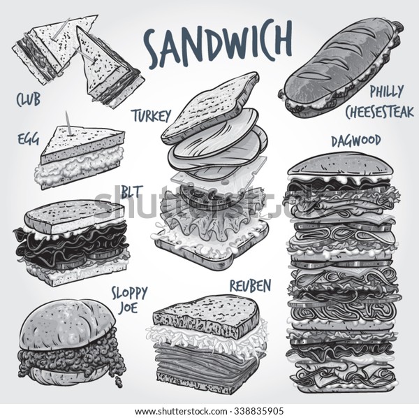8種類の人気のアメリカサンドイッチの手描きの黒と白のベクターイラスト トルコ フィリーチーズステーキ ダグウッド スロッピージョー クラブ 卵 Blt ルーベンサンドイッチ のベクター画像素材 ロイヤリティフリー