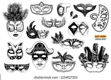 Hand drawn black and white venetian carnival masks collection. 14 unique elements. Vector illustration