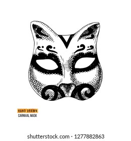 Hand drawn black and white Venetian carnival cat mask. Vector illustration