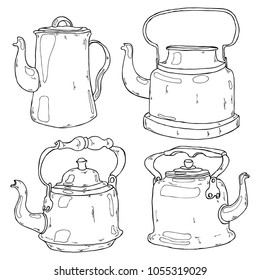 Hand drawn black and white vintage teapot collection in vector