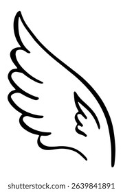 Hand drawn black and white wing symbolizing freedom, spirituality, and angelic presence, ideal for tattoo designs or artistic projects seeking to evoke purity and grace