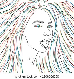 Hand Drawn Black and White woman in Doodle style. Illustrations Drawing a Sketch for textile, print, postcard, invitation, poster, t-shirt. Line art informal girl with piercings