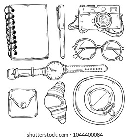 Hand drawn black and white workplace elements in vector