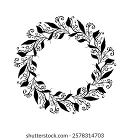 Hand drawn black and white wreath silhouette abstract floral motif with rough edges foliage. Monochrome rustic floral frame.