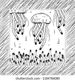 Hand Drawn Black and Whitesurreal jellefish Doodle card. Illustrations Drawing Vector Sketch for textile, print, postcard, text, invitation, poster, background, book, t-shirt, wallpaper