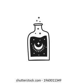 Hand drawn black witch potion in glass bottle with crescent moon, starburst and stars isolated on white background. Magic elixir. Witchcraft icon. Wicca and pagan tradition.