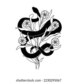 Handgezeichnete schwarze Wriggling Schlange und zarter Blumenzauberdruck. Tattoo Vintage Mode Vektor Wildtier Reptilien. Mystische Doodle-Illustration mit botanischen Elementen