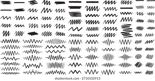 Hand drawn black zigzag lines set with wavy scribbles and marker strokes for grunge design elements