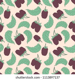 Hand drawn blackberry seamless pattern. Vector dewberry and leaves background. Wild and garden berries seamless texture