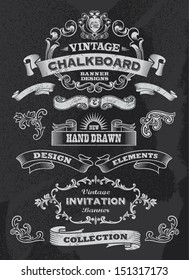 Hand drawn blackboard banner and ribbon vector illustration with texture added. Black chalkboard background. Label and artwork decoration. Set of calligraphic elements, frames, vintage labels.