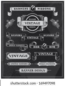 Hand drawn blackboard banner and ribbon vector illustration with texture added. Black chalkboard background. Label and artwork decoration. Set of calligraphic elements, frames, vintage labels.