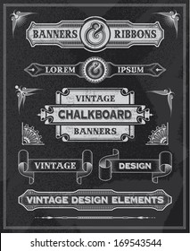 Hand drawn blackboard banner and ribbon vector illustration with texture added. Black chalkboard background. Label and artwork decoration. Set of calligraphic elements, frames, vintage labels.