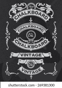 Hand drawn blackboard banner and ribbon vector illustration with texture added. Black chalkboard background. Label and artwork decoration. Set of calligraphic elements, frames, vintage labels.