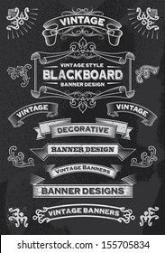 Hand drawn blackboard banner vector illustration with texture added. Chalkboard ribbon and banner design set for menus, greeting cards and festive occasions.