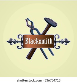 Hand drawn blacksmith labels with sledgehammer, hammer and vise