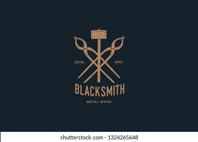 Hand drawn blacksmithing tools. Crossed hammer and tongs with an inscription blacksmith on a dark background. Old logo, symbol in retro style. Vector illustration.