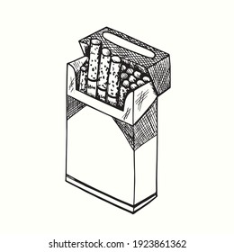 Hand drawn blank open cigarette package. Ink black and white drawing. Vector illustration