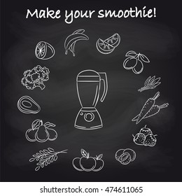 Hand drawn blender and popular smoothie ingredients on chalkboard. Vector illustration