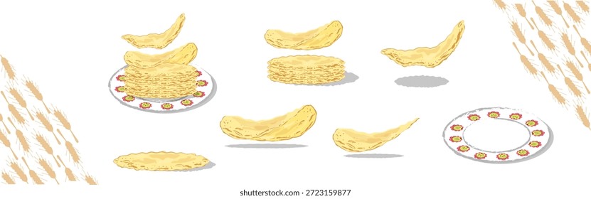 Panqueca de blini desenhada à mão com crepes russos ou franceses tradicionais, vistas empilhadas e únicas, elementos de placa e trigo. Design de alimentos para Maslenitsa, Chandeleur, menu, receita, embalagem 
