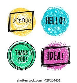 Hand drawn block quote, speech bubbles in trendy grunge style. Vector speech bubbles with phrases Let's talk, Thank you, Hello, Idea. Quote blank set.