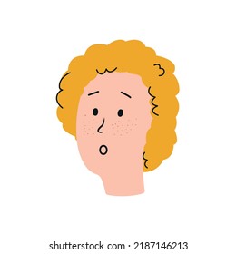Hand drawn blonde concerned boy portrait flat style, vector illustration isolated on white background. Wonder human face, decorative deice element, emotion