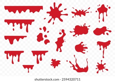 Hand drawn blood splash set. Blood stains, splatter, drops and blobs of blood in various shapes. Vector illustration