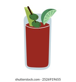 Hand drawn bloody mary cocktail isolated on white background. Cartoon cocktail garnished with olives, lime and celery. Vector illustration.