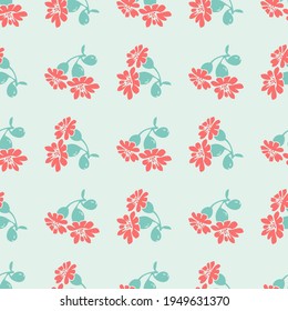 Handgezeichnete bläuliche Zweige mit roten Blumen, floraler nahtloser Muster abstrakter Hintergrund Wallpaper Vektorgrafik. Botanische Illustration der Linie für Grafikdesign. Trendfarben in Pastellblau