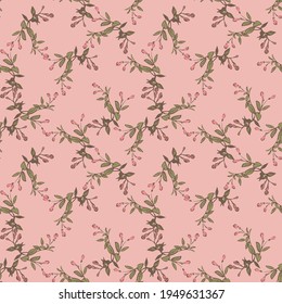 Hand drawn bloom green branches with pink flowers, floral seamless pattern abstract background wallpaper vector. Line art botanical wrapping illustration for graphic design print. Nature pastel green