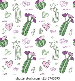 Hand drawn blooming cacti with pink flowers. Seamless vector pattern in doodle style. Exotic plants in the desert. Illustration for fabric, paper, wallpaper.