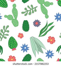 Hand drawn blooming cacti and succulents, seamless pattern with white background