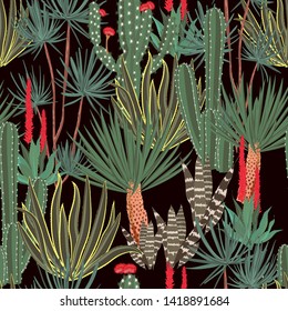 Hand drawn blooming cactus, cacti, succulents, colofrul seamless pattern hose plants garden ,Design for fashion,fabric,web,wallpaper  and all prints on black background color