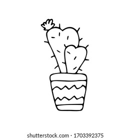 Hand drawn blooming cactus in a pot in the shape of a heart isolated on a white background. Doodle, simple outline illustration. It can be used for decoration of textile, paper.